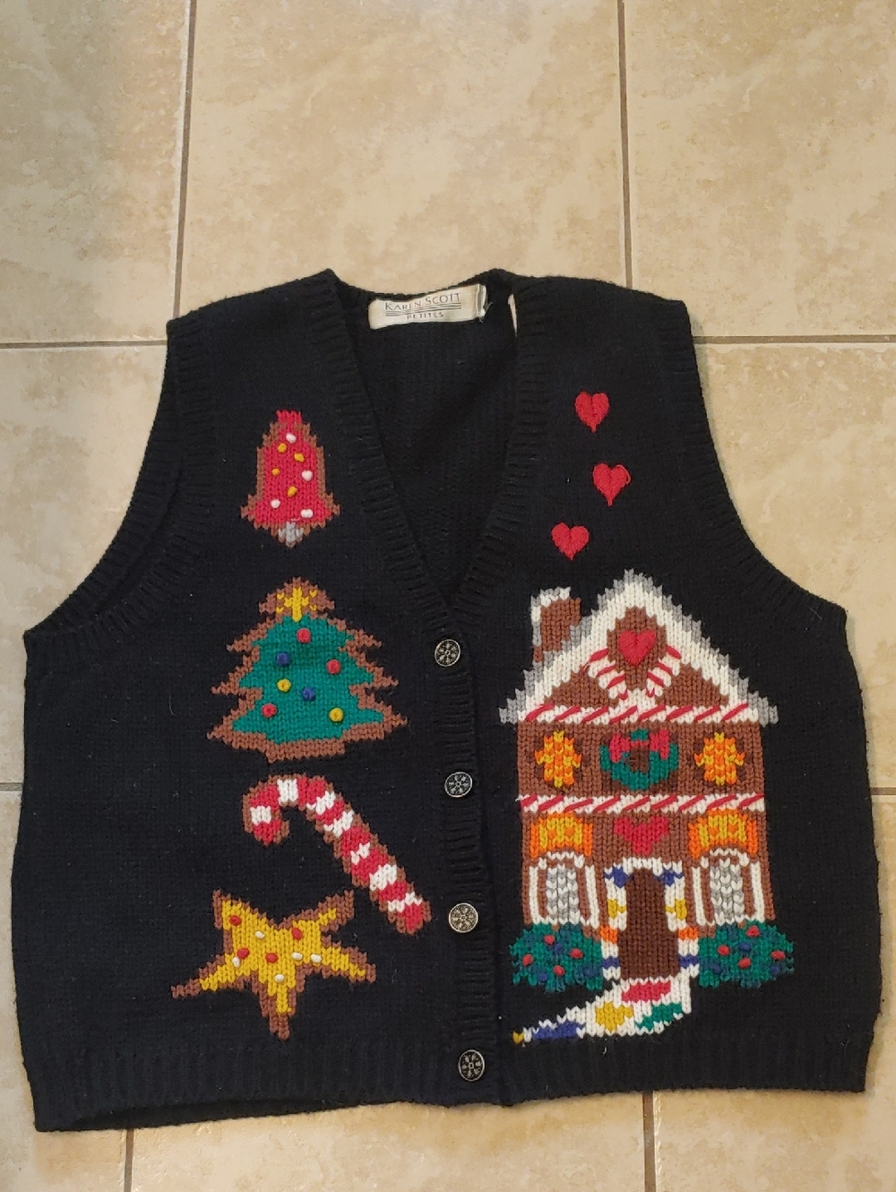 Vintage Karen Scott Sweater Vest Christmas Gingerbread House Cardigan Size LP